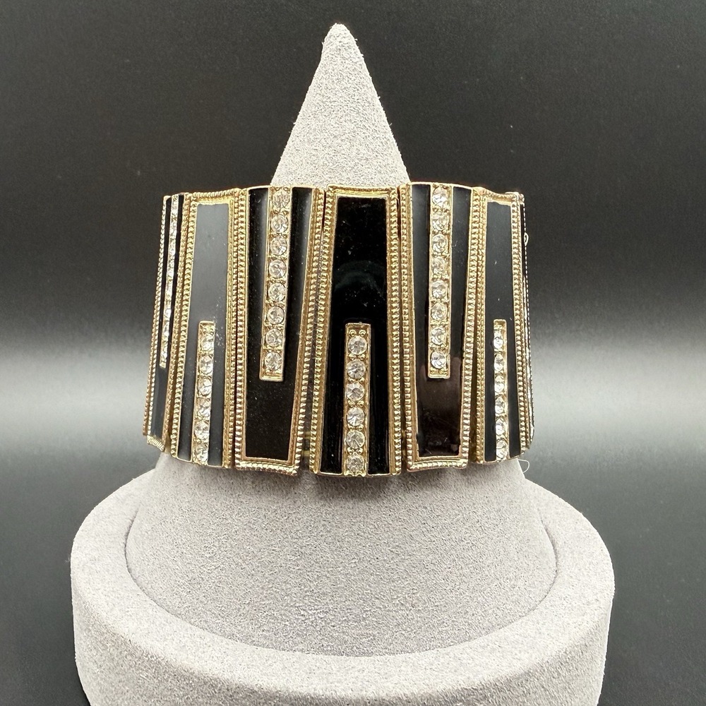 Vintage Art Deco Black Enamel Rhinestone Stretch Panel Bracelet Gold Tone Cuff